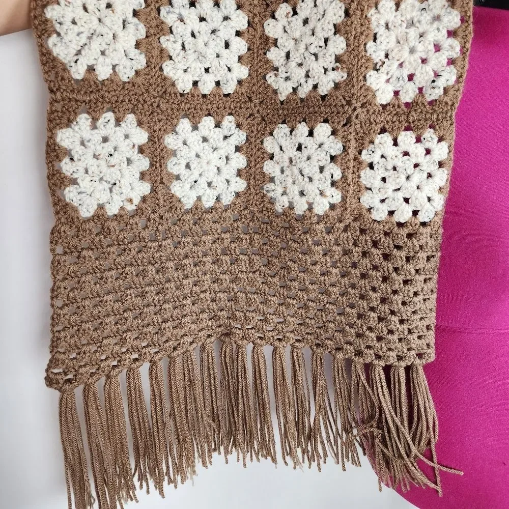 New Handmade Crochet Granny Square Shawl Wrap Scarf Brown Cream Boho Fringe